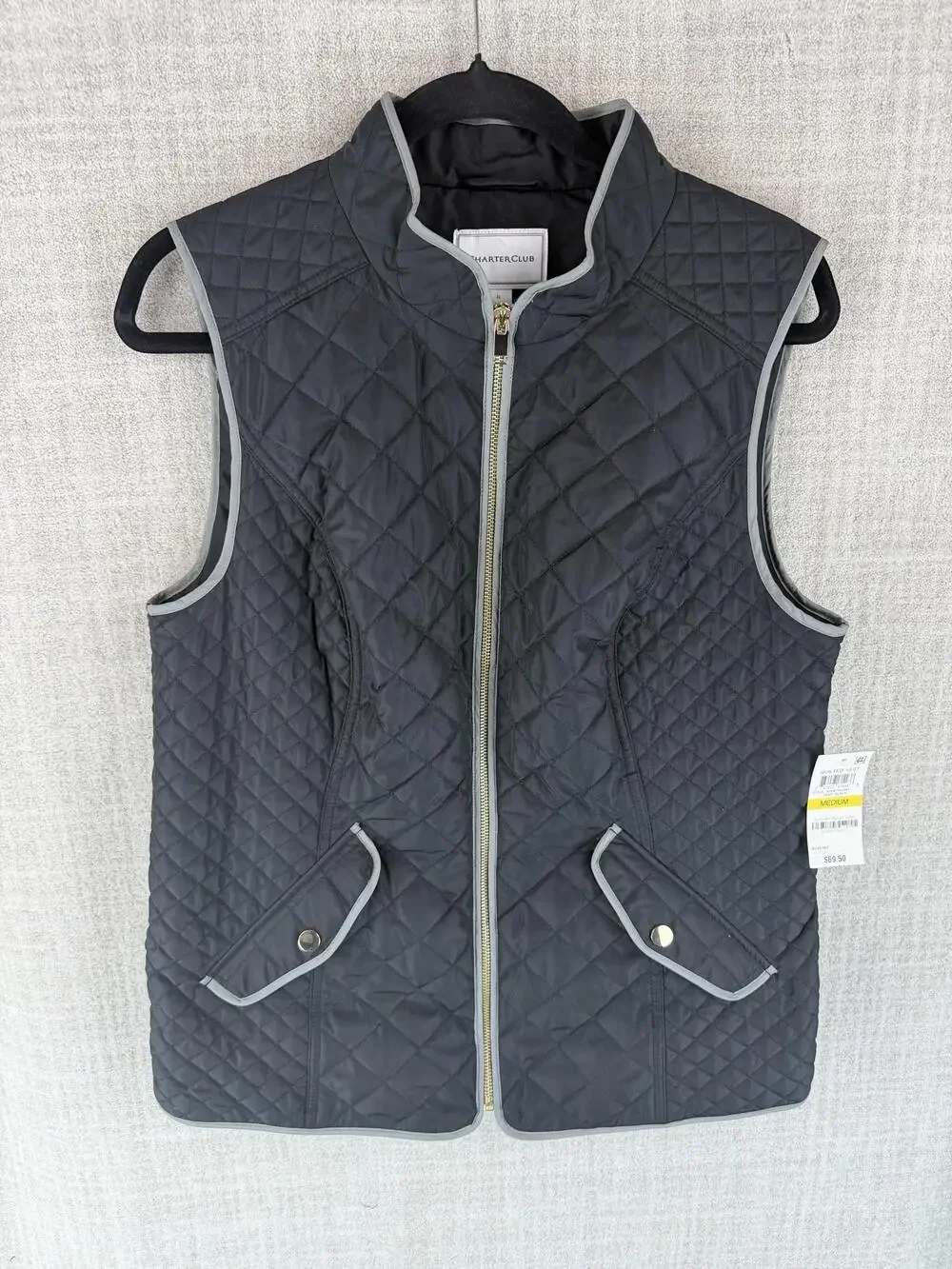 Charter Club Vest Womens M Black Quilted Collared Lined Full Zip Pockets